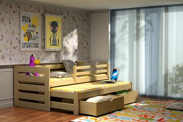 eoshop Detská posteľ s výsuvnou prístelkou DPV 007 + zásuvky, Rozmer : 200 cm x 90 cm , Povrchová úprava : Bezfarebný ekologický lak